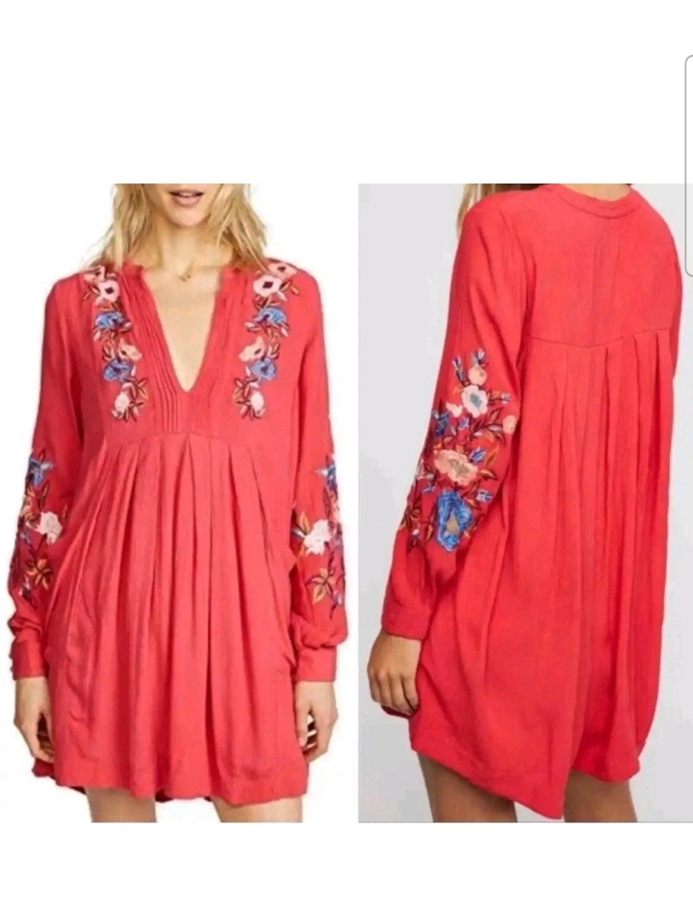 Free People Mia Red Embroidered Mini Dress Tunic Women XS Boho Pockets Oversized